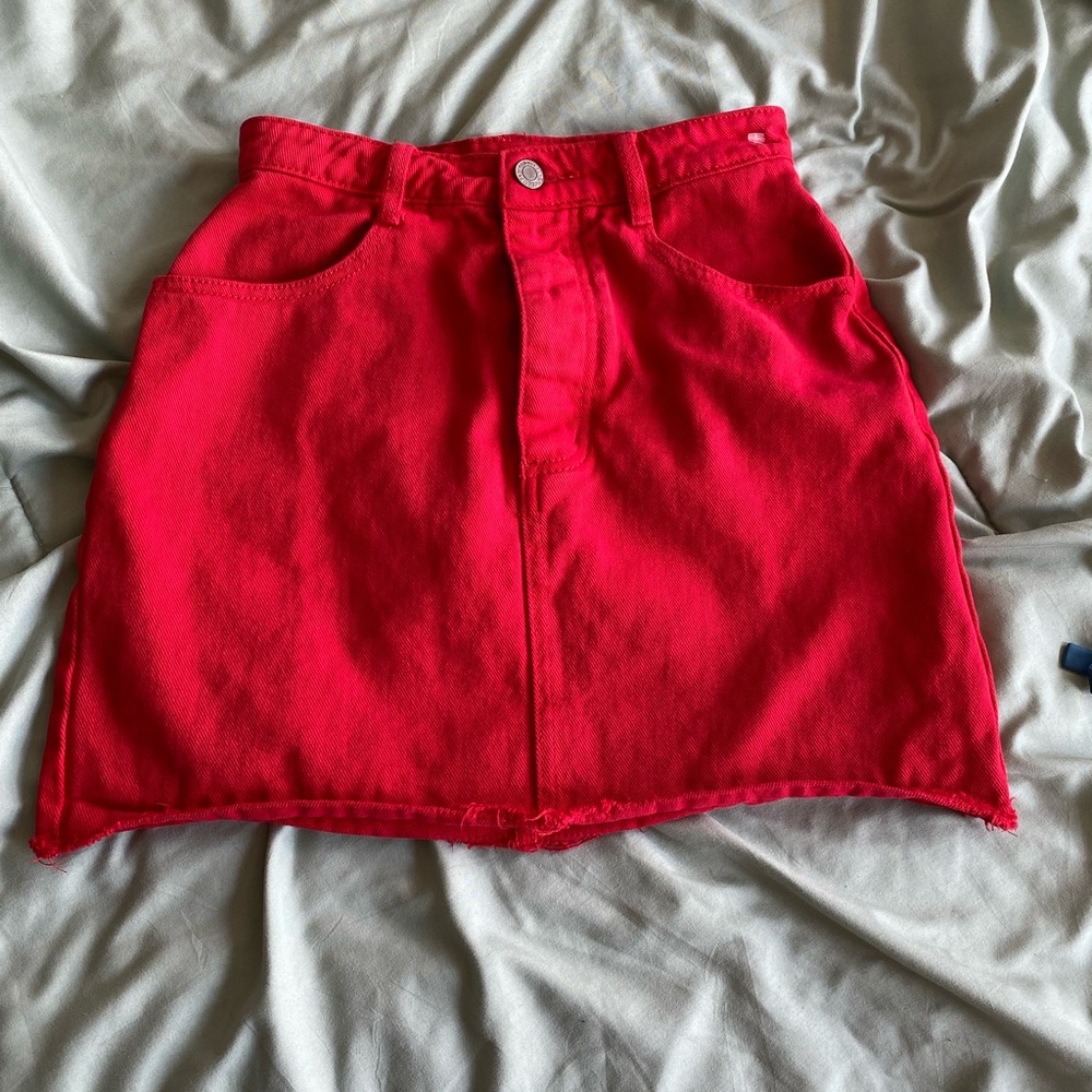 Red Denim Mini Skirt button fly